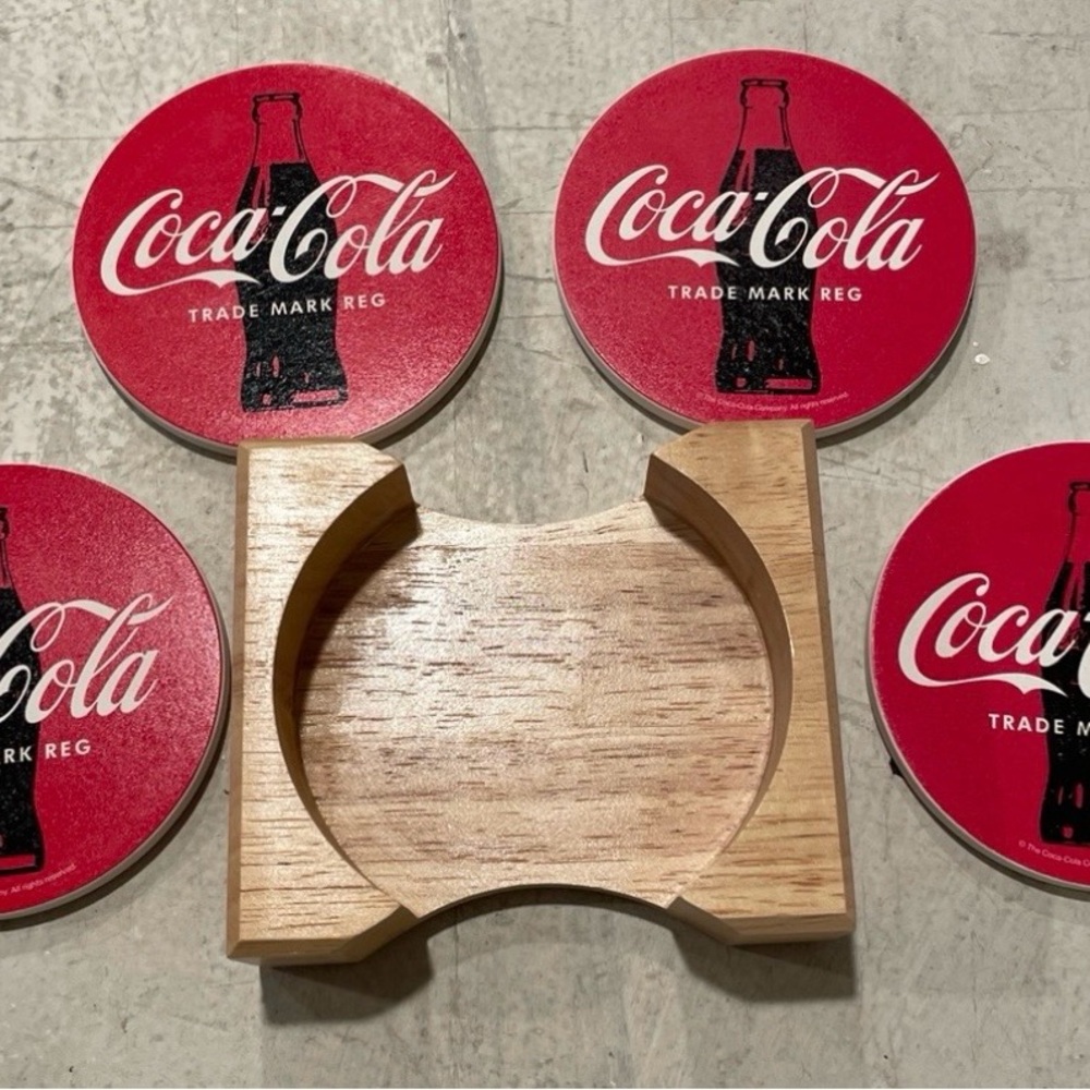 Red & White Coca Cola Set of 4 Coasters (4 inch round) with Wooden Storage Block
